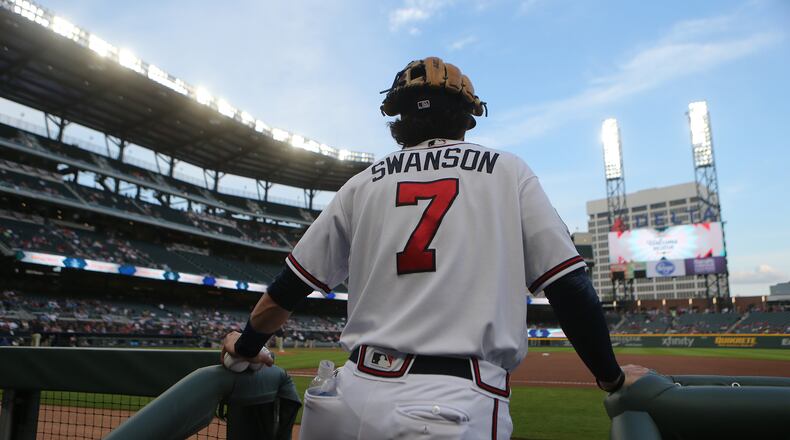 April 19, 2017, Atlanta: Atlanta Braves Dansby Swanson takes the field to play the Nationals during the first inning in a MLB baseball game on Wednesday, April 19, 2017, in Atlanta. Curtis Compton/ccompton@ajc.com