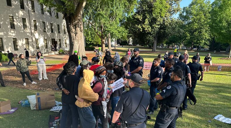 Students and others protesting Israel's war in Gaza on the campus of the University of Georgia in Athens were arrested on Monday, April 29, 2024.