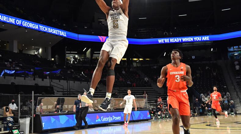 February 27, 2021 Atlanta - Georgia Tech's forward Moses Wright (5) dunks the ball in the second half of a NCAA college basketball game at Georgia Tech's McCamish Pavilion in Atlanta on Saturday, February 27, 2021. Georgia Tech won 84-77 over Syracuse. (Hyosub Shin / Hyosub.Shin@ajc.com)