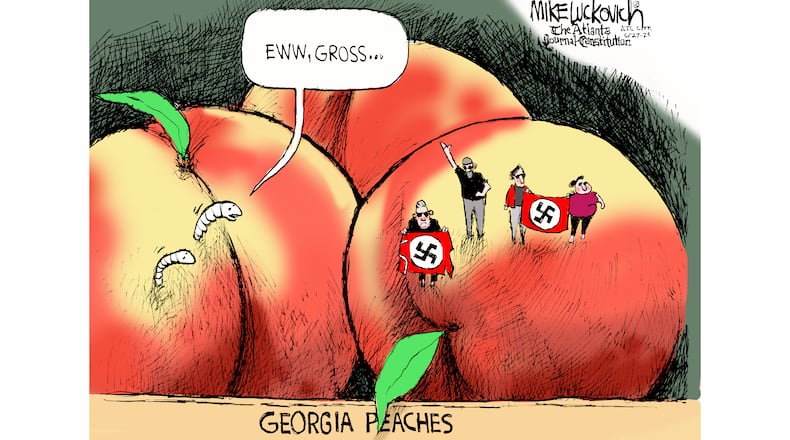 Editorial cartoon from Mike Luckovich in response to a Neo-Nazi gathering outside a synagogue in metro Atlanta. From The Atlanta Journal-Constitution