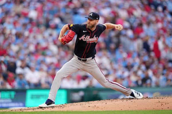Atlanta Braves' Chris Sale pitches during the second inning in the second baseball game of a doubleheader against the Philadelphia Phillies Thursday, May 29, 2025, in Philadelphia. (AP Photo/Matt Slocum)