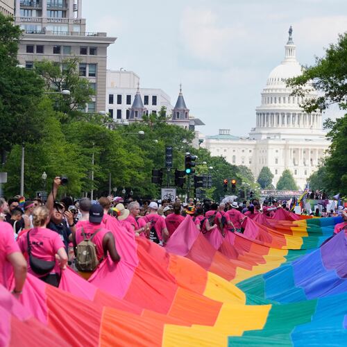 FILE - Participants carry a large pride flag during the World Pride parade with the U.S. Capitol in the background, June 7, 2025, in Washington. (AP Photo/Mark Schiefelbein, file)