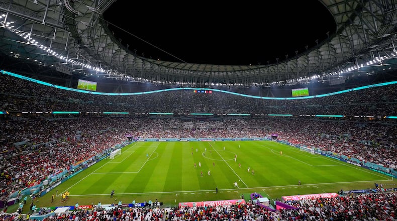 FILE - Spectators fill the stands during the World Cup round of 16 soccer match between Portugal and Switzerland, at the Lusail Stadium in Lusail, Qatar, Dec. 6, 2022. (AP Photo/Frank Augstein, file)