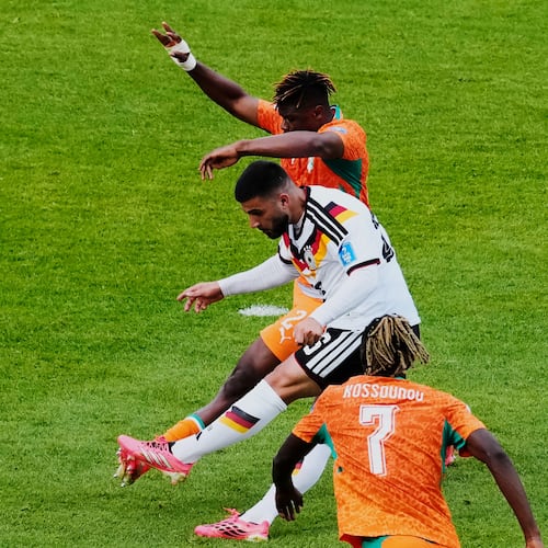 Germany's Deniz Undav (26) scores their second goal during the World Cup Group E soccer match between Germany and Ivory Coast in Toronto, Saturday, June 20, 2026. (Chris Young/The Canadian Press via AP)