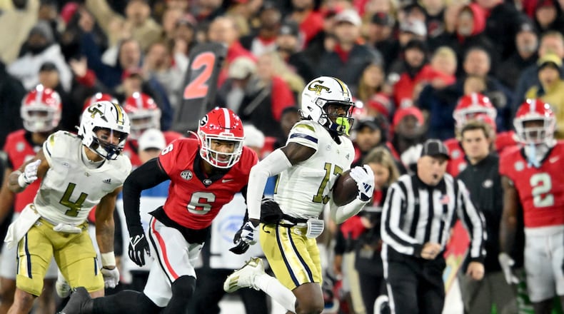 Georgia Tech wide receiver Eric Singleton Jr. (13) runs for a long first down during the second half of an NCAA college football game at Georgia Tech's Bobby Dodd Stadium, Saturday, November 25, 2023, in Atlanta. Georgia won 31-23 over Georgia Tech. (Hyosub Shin / Hyosub.Shin@ajc.com)