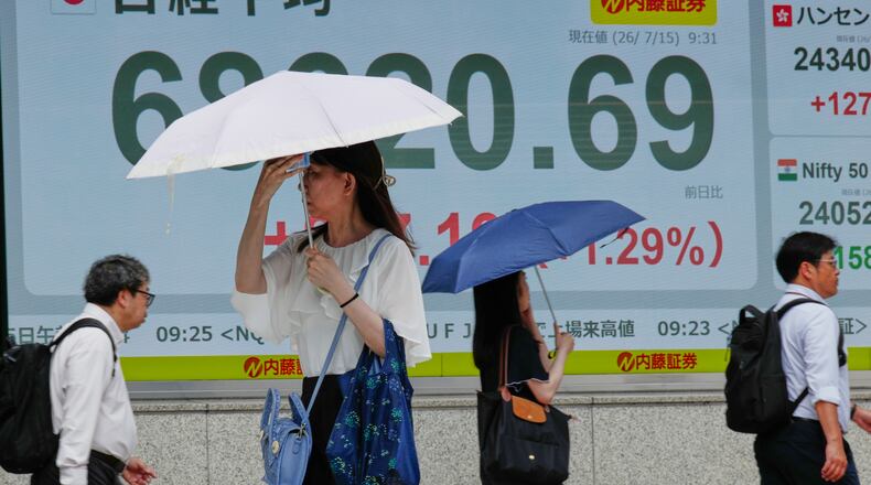 People walk in front of an electronic stock board showing Japan's Nikkei 225 index at a securities firm Wednesday, July 15, 2026, in Tokyo. (AP Photo/Eugene Hoshiko)