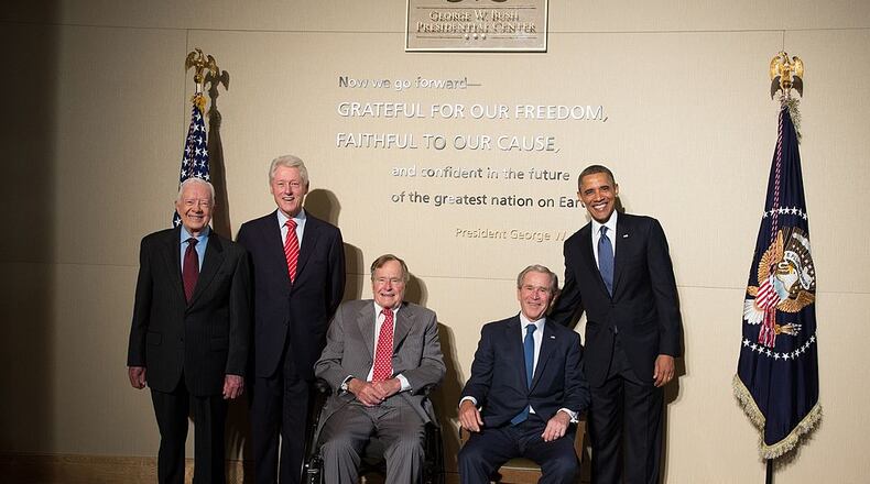 Former U.S. presidents (L-R) Jimmy Carter, Bill Clinton, George H.W. Bush, George W. Bush and President Barak Obama in 2013 at the opening of the George W. Bush Presidential Center April 25, 2013 in Dallas, Texas.  (Photo by Paul Morse/George W. Bush Presidential Center via Getty Images)