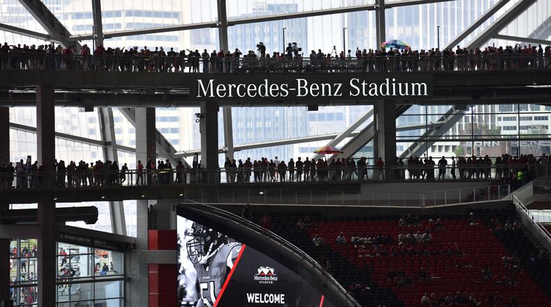 Two sky-bridges proved a popular place to watch the game during Mercedes-Benz Stadium’s opener Saturday.
