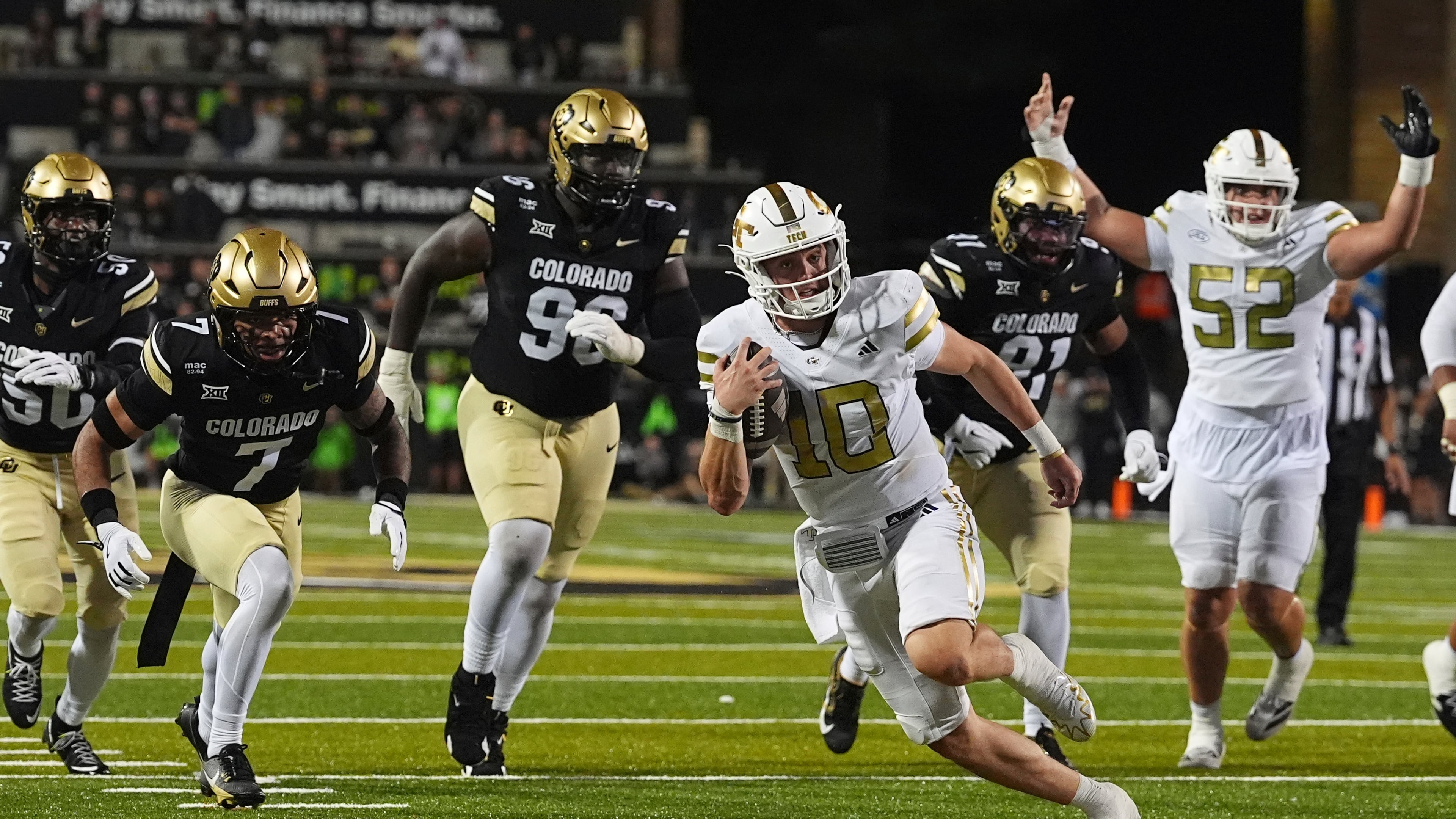 Georgia Tech quarterback Haynes King (10) runs for a touchdown in the second half against Colorado on Friday, Aug. 29, 2025, in Boulder, Colo. King ran for 156 yards and three touchdowns and was 13-of-20 passing for 143 yards and an interception against the Buffaloes. (David Zalubowski/AP)