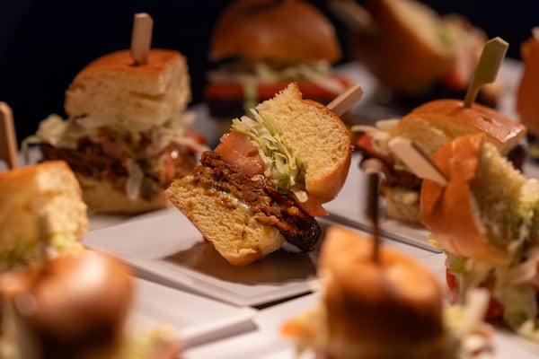 Black bean burgers at a food showcase event at State Farm Arena in Atlanta on Thursday, Oct. 23, 2025. (Arvin Temkar/AJC)