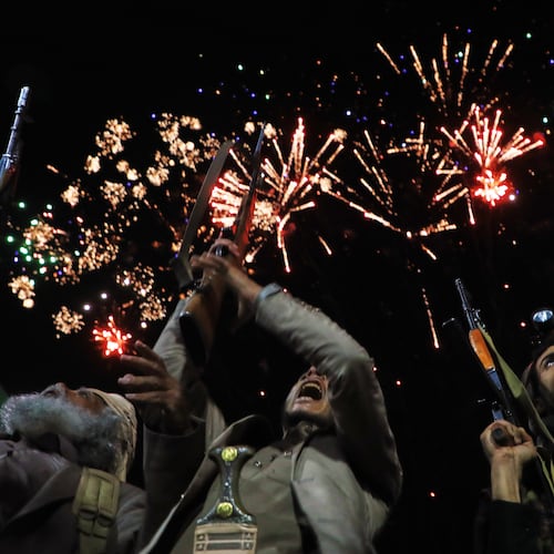 Fireworks burst as Houthi supporters rally against the Saudi-led coalition in Sanaa, Yemen, Monday, July 20, 2026. (AP Photo/Osamah Abdulrahman)