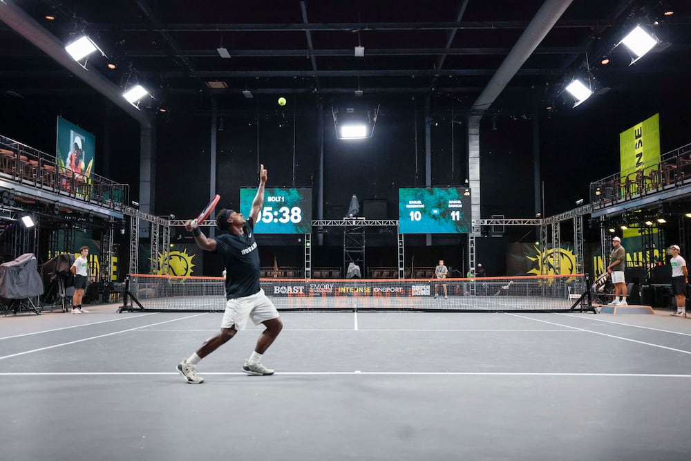 Marcell Dawson serving during an Intennse Challenge Series match at the Electric Owl Studios in Decatur. 