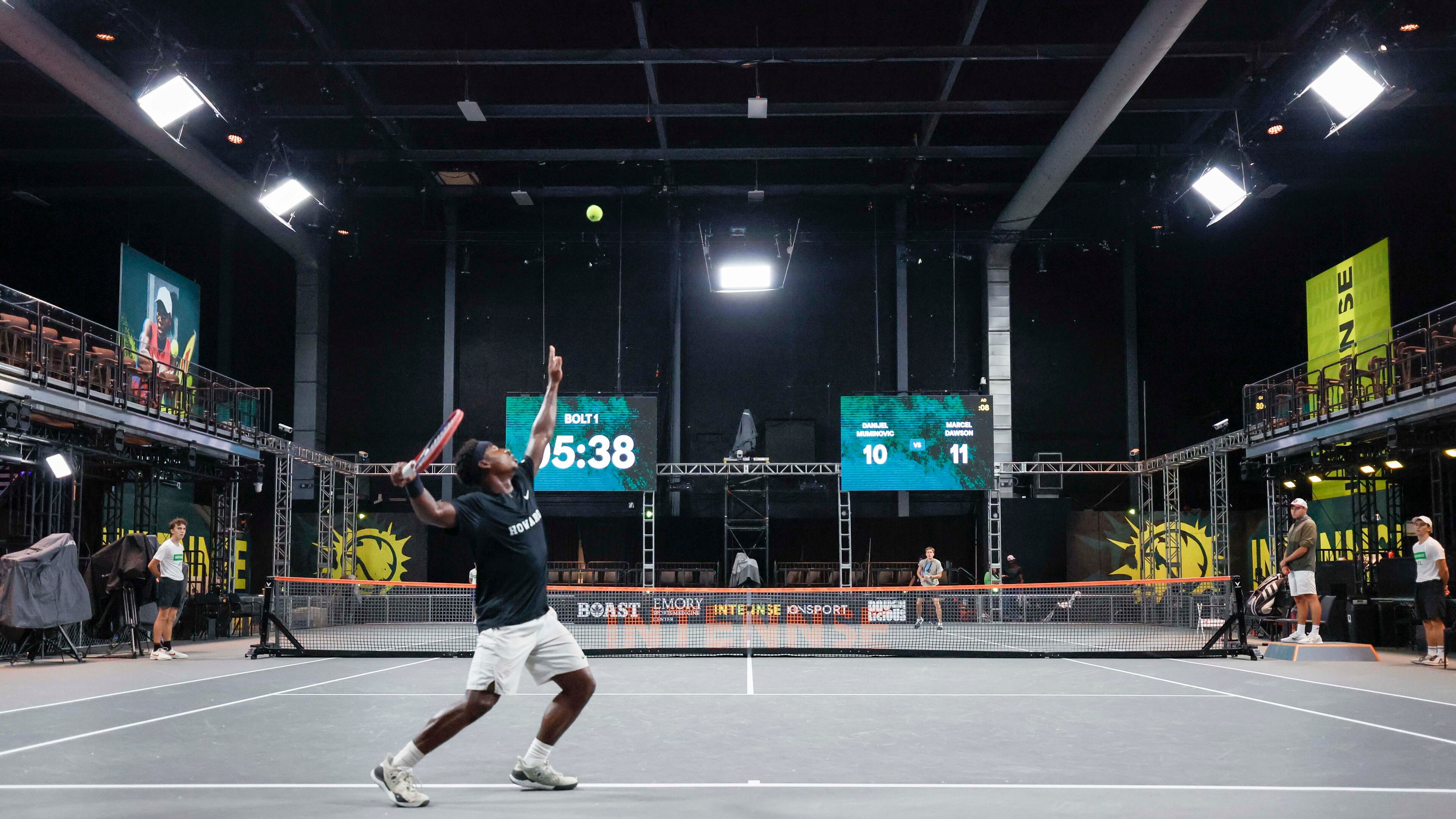 Marcell Dawson serves during a match at Electric Owl Studios on Thursday, July 10, 2025, in Decatur. Electric Owl Studios is welcoming a new tennis concept, Intennse, to its soundstages, as the film industry struggles to rebound. (Miguel Martinez/ AJC)