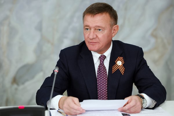 FILE - Russian Transport Minister Roman Starovoyt attends a meeting in Mineralnye Vody, Russia, Tuesday, May 6, 2025. (Dmitry Astakhov, Sputnik, Government Pool Photo via AP)