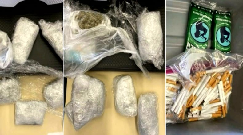 The Fulton County Sheriff's Office said 20 grams of suspected crack cocaine (left), 192 grams of marijuana (center), 200 cigarettes and two packs of loose tobacco were recovered from a bag left at security Saturday by a medical assistant. TreQuera Lashell Ford, 24, is wanted on multiple felony charges.