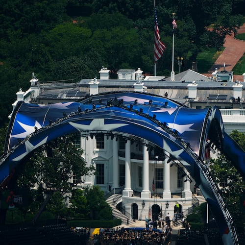The arena for the UFC Freedom 250 fights is pictured on the South Lawn of the White House in Washington, Thursday, June 11, 2026. (AP Photo/Julia Demaree Nikhinson)
