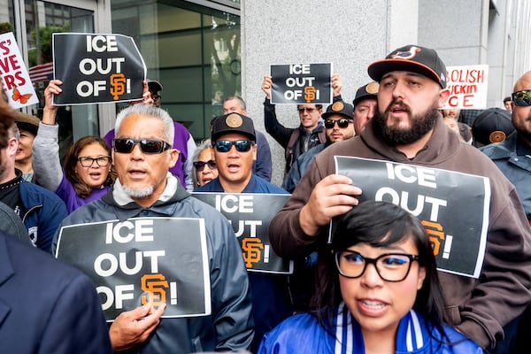 Union workers rally for David Huerta, the president of Service Employees International Union California, who was arrested during a Los Angeles protest, on Monday, June 9, 2025, in San Francisco. (AP Photo/Noah Berger)