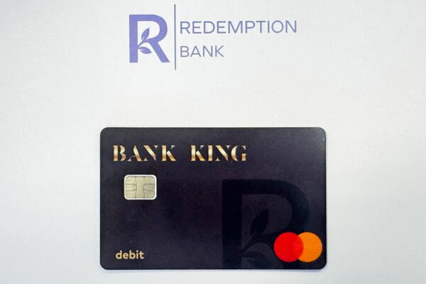 A Redemption Bank King Card debit card is shown on Wednesday, June 17, 2026, in Salt Lake City. (Redemption Bank via AP)