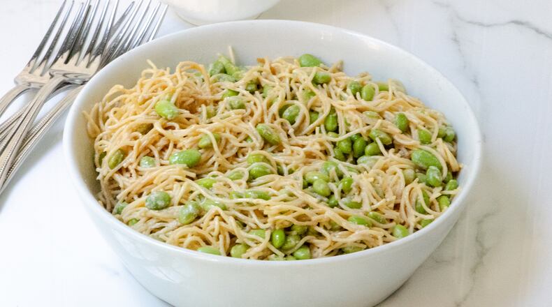 Noodles, edamame, tahini, soy sauce and garlic combine for a simple, flavor-packed supper.
(Virginia Willis for The Atlanta Journal-Constitution)