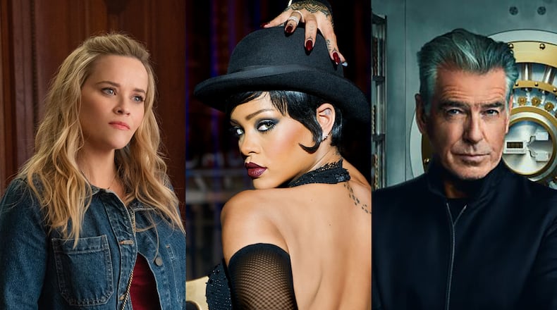TV this week: Reese Witherspoon stars in a new Netflix film "Your Place or Mine;" Rihanna will perform at the Super Bowl halftime show on Fox Sunday; and Pierce Brosnan explores great heists on History Channel. CR: NETFLIX/AP/HISTORY