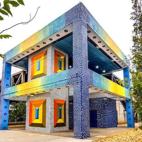 The colorful mural on the Edgewood-Candler Park MARTA station by Milagros Collective has recast a cold concrete entryway into one that packs visual pizzazz. (Arthur Rudick/Courtesy of ArtsATL)