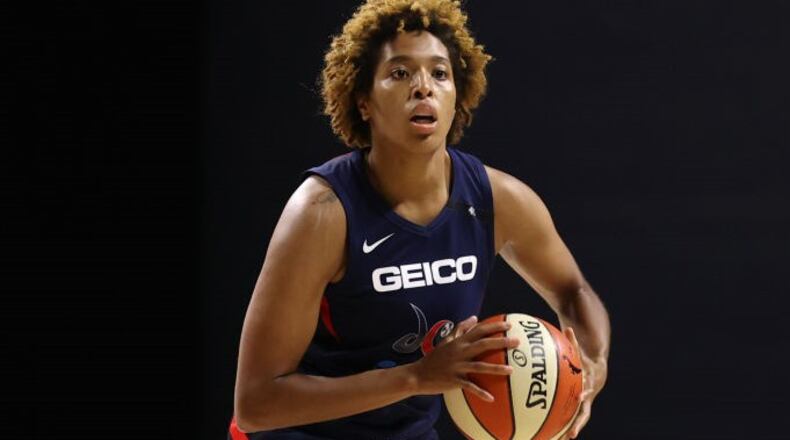 Tianna Hawkins of the Washington Mystics handles the ball against the Las Vegas Aces on August 5, 2020 at Feld Entertainment Center in Palmetto, Florida.