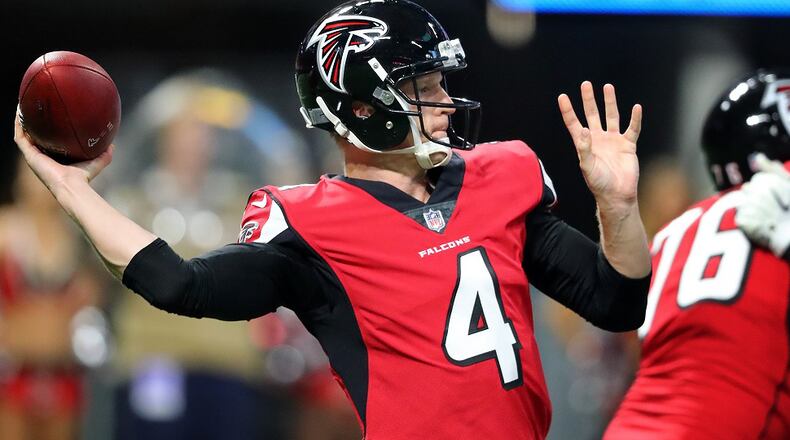 Falcons quarterback Matt Simms passes against the Jaguars  in a NFL exhibition game Thursday, August 31, 2017, in Atlanta.    Curtis Compton/ccompton@ajc.com