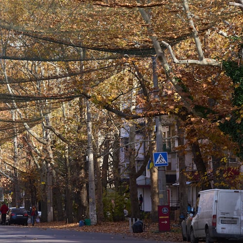 Local residents walk along the street covered with an anti-FPV-drone net in the frontline city of Kherson, Southern Ukraine, Monday, Nov. 3, 2025. (AP Photo/Efrem Lukatsky)