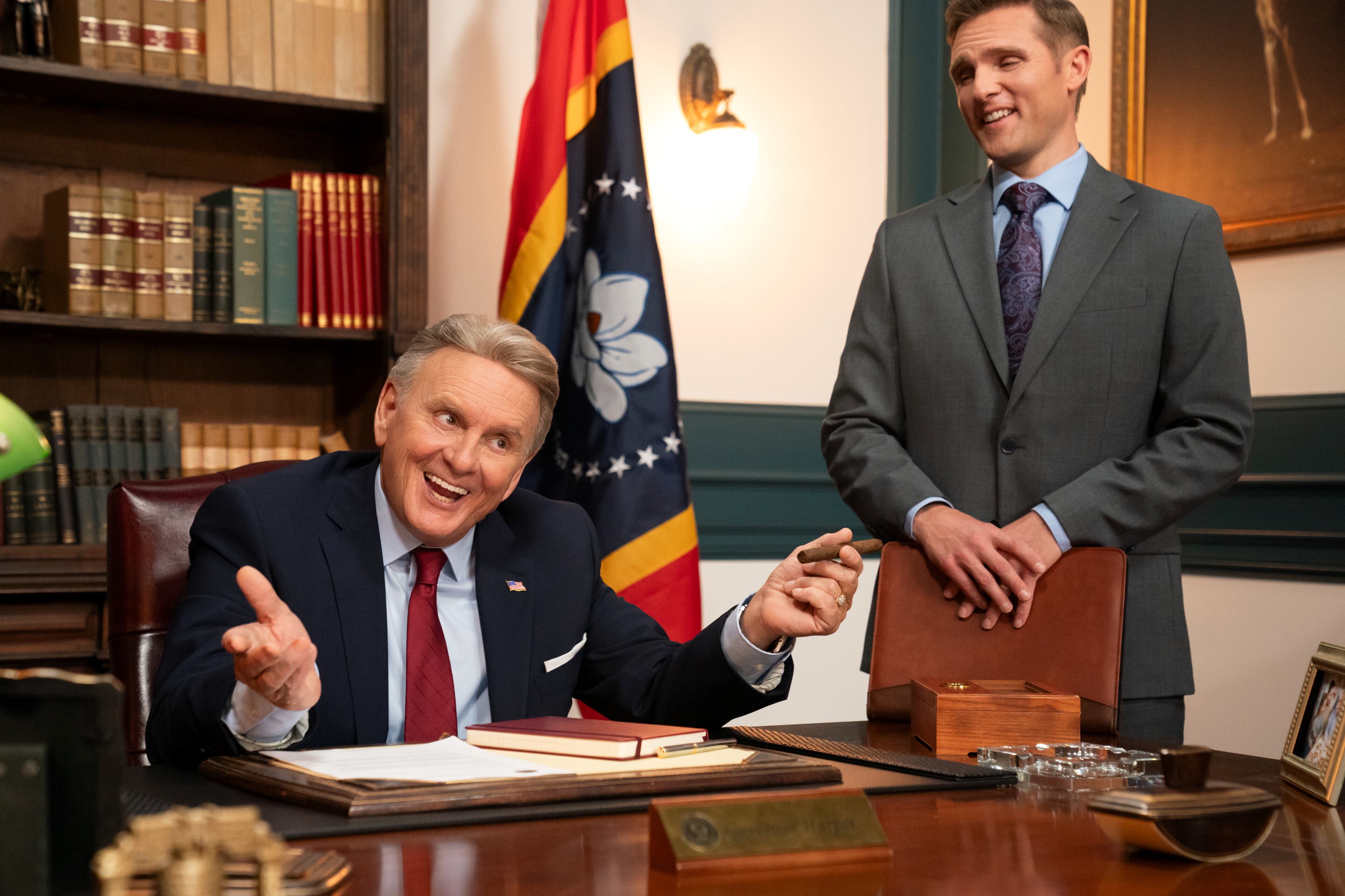 (L to R) Robert Craighead as Gov.  Irwin Harper and Kevin Thoms as Jed Bonds in episode 102 of Netflix's "She the People." (Charles “Chip” Bergmann/Courtesy of Netflix)