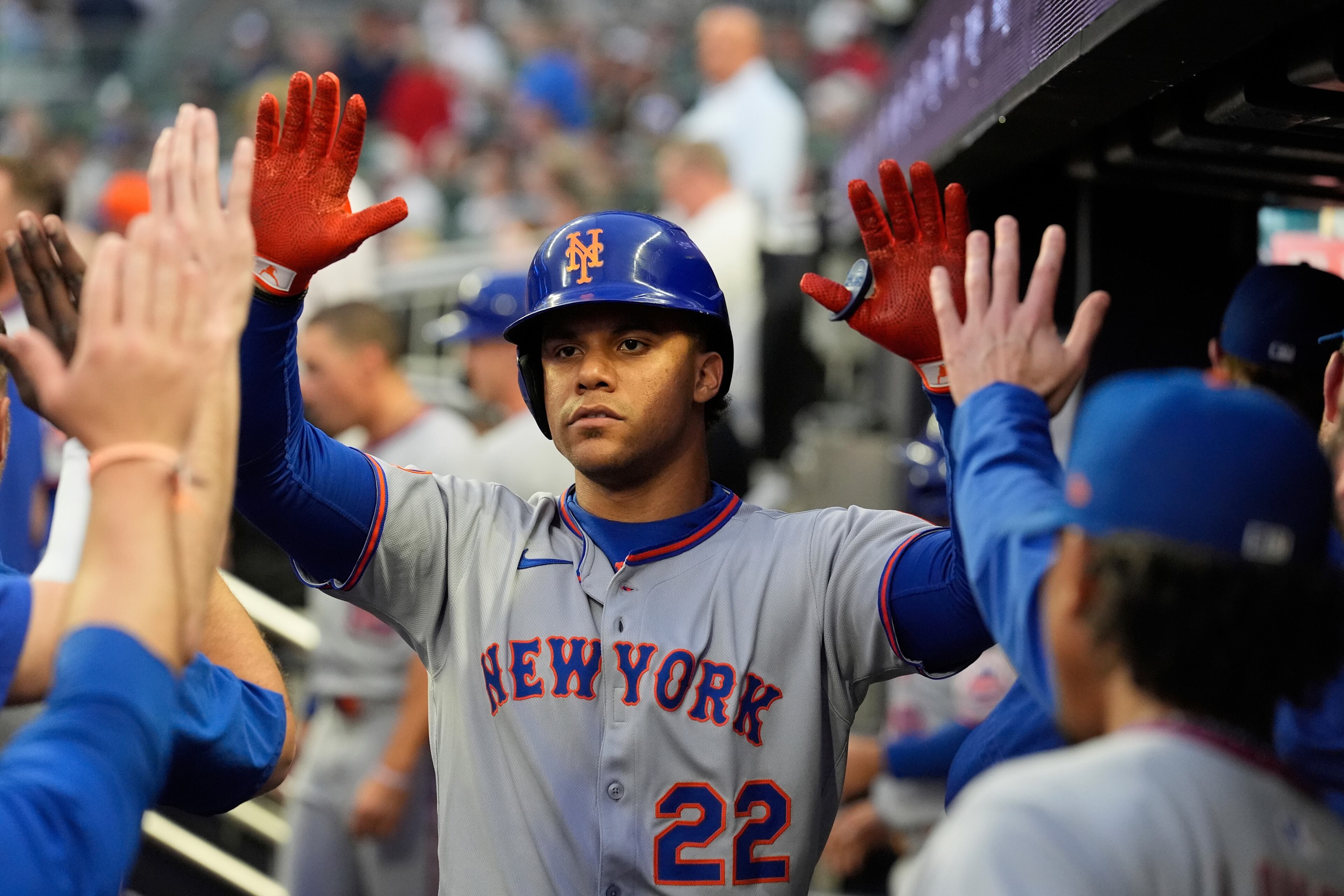 Mets right fielder Juan Soto hit a solo home run in the first inning against the Braves on June 17. The Mets signed Soto to a record $765 million contract in December. (Brynn Anderson/AP)