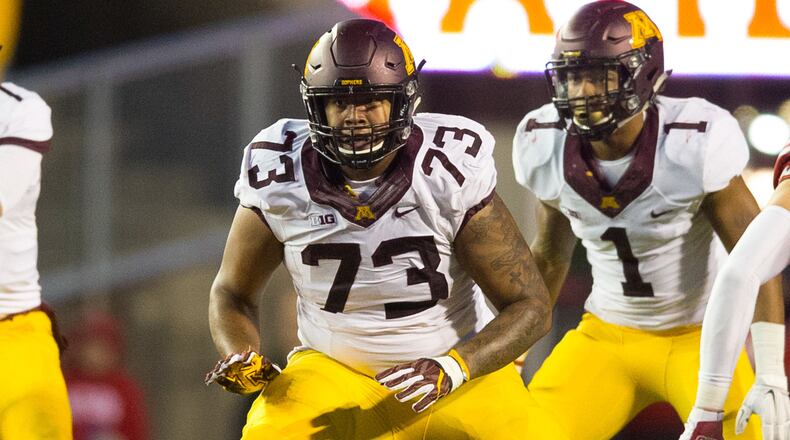Nov 26, 2016; Madison, WI, USA; Minnesota Golden Gophers offensive lineman Donnell Greene (73) during the game against the Wisconsin Badgers at Camp Randall Stadium. Wisconsin won 31-17.  Jeff Hanisch-USA TODAY Sports