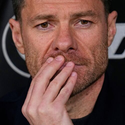 FILE - Real Madrid's head coach Xabi Alonso looks on ahead of the Spanish La Liga soccer match between Real Madrid and Sevilla in Madrid, Spain, on Dec. 20, 2025. (AP Photo/Manu Fernandez, File)