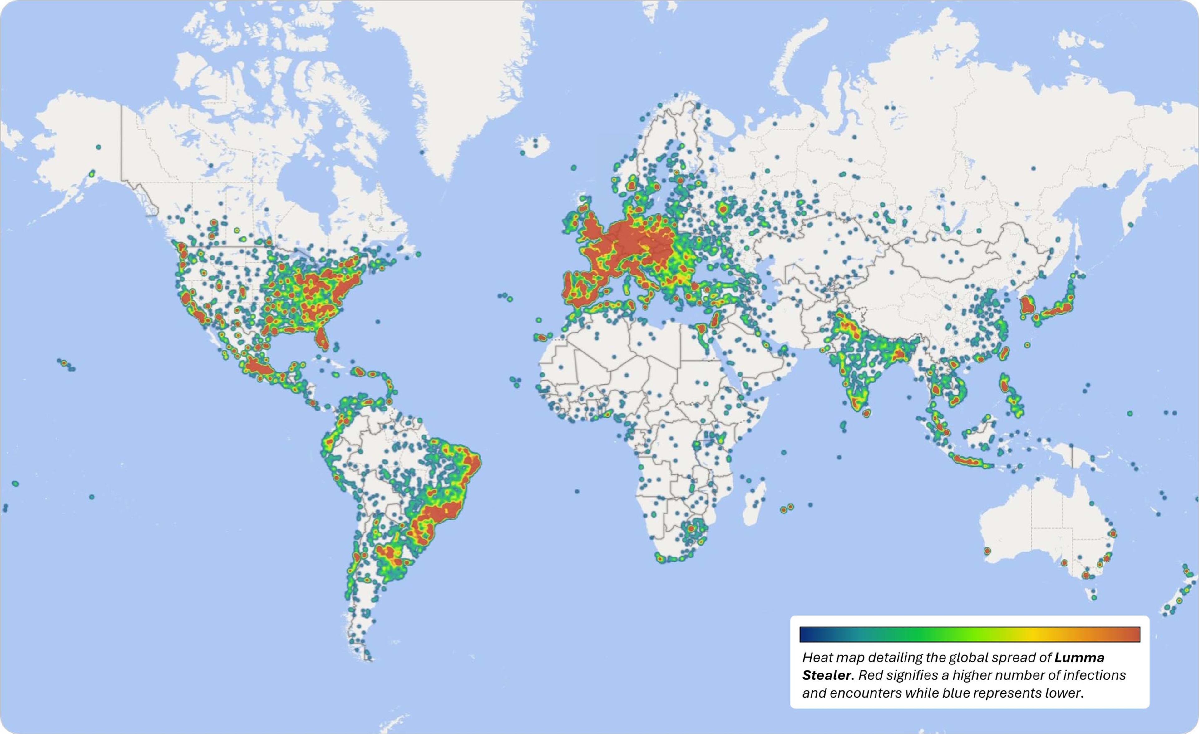 A heat map of the Windows devices infected by Lumma Stealer across the globe. (Courtesy of Microsoft)