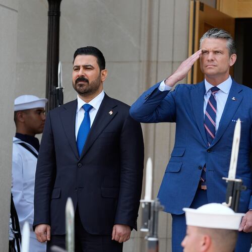 Secretary of Defense Pete Hegseth, right, welcomes Iraqi Prime Minister Ali al-Zaidi, to the Pentagon, during a ceremony, Tuesday, July 14, 2026, in Washington. (AP Photo/Manuel Balce Ceneta)