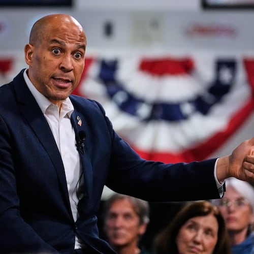 FILE - Sen. Cory Booker, D-N.J., addresses a gathering Nov. 14, 2025, in Manchester, N.H. (AP Photo/Charles Krupa)
