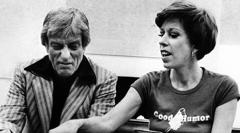 Dick Van Dyke, left, and Carol Burnett rehearse a scene in Los Angeles for "Same Time, Next Year," a play which will bring them together on a Hollywood theater stage, April 23, 1977. (AP Photo)