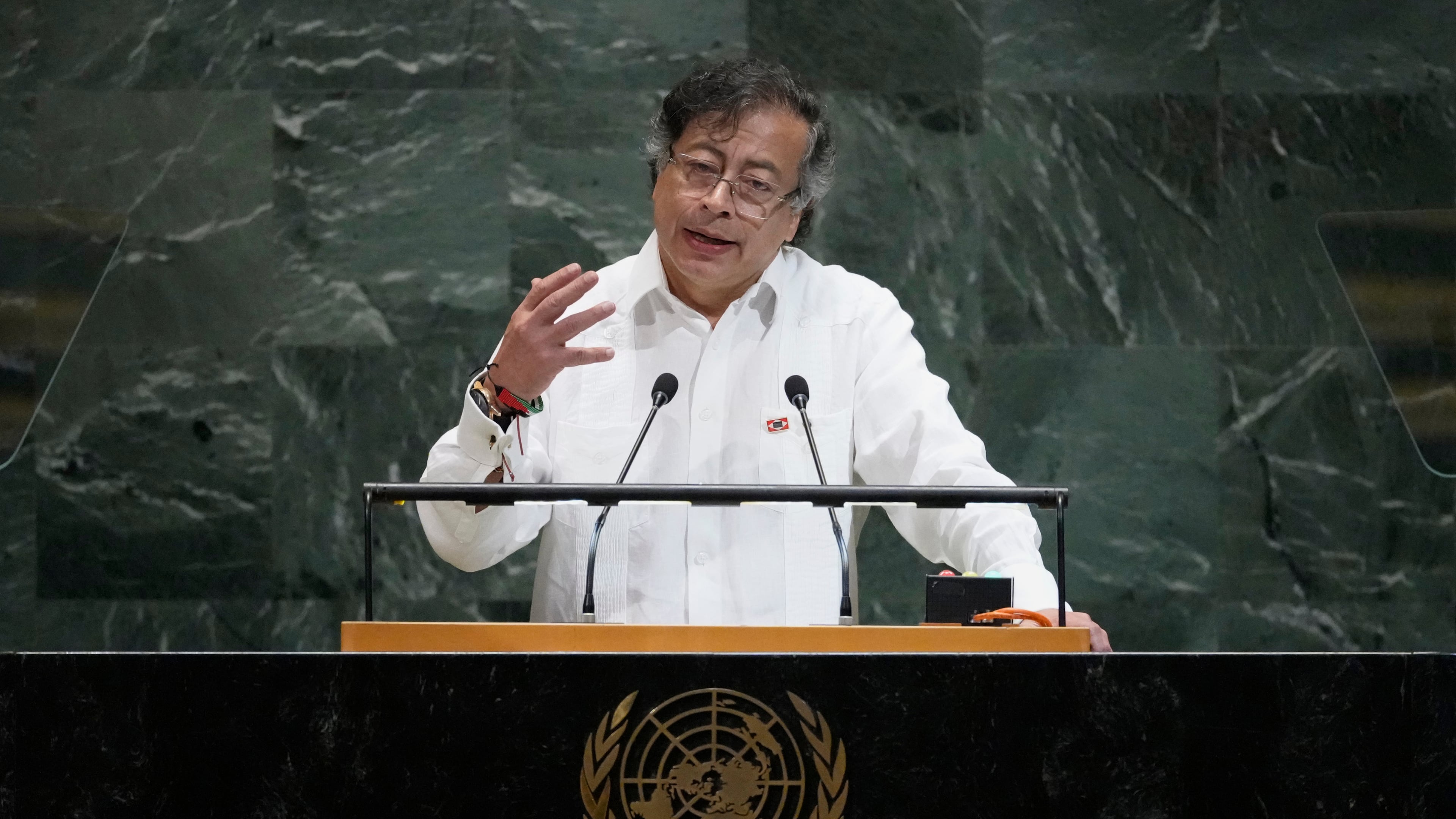 President of Colombia Gustavo Petro Urrego addresses the 80th session of the United Nations General Assembly, Tuesday, Sept. 23, 2025, at U.N. headquarters. (AP Photo/Pamela Smith)