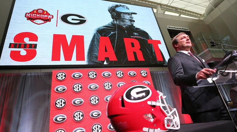 July 17, 2018 Atlanta: Georgia head coach Kirby Smart holds his SEC Media Days press conference at the College Football Hall of Fame on Tuesday, July 17, 2018, in Atlanta. Curtis Compton/ccompton@ajc.com