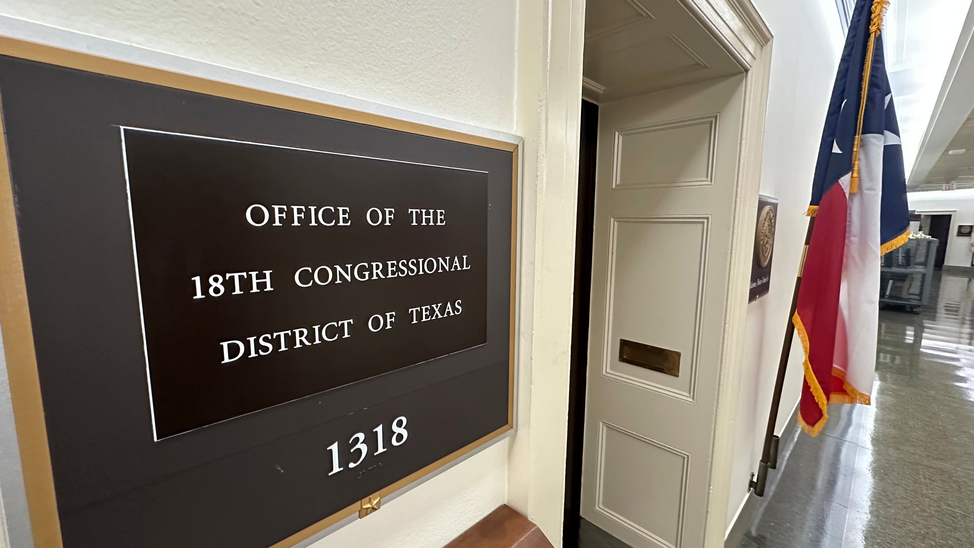 A Texas flag is on display outside the office of the state's 18th Congressional District, which has a seat that became vacant March 5, 2025, following the death of Democratic Rep. Sylvester Turner, in Washington, Sept. 2, 2025. The (AP Photo/Robert Yoon)