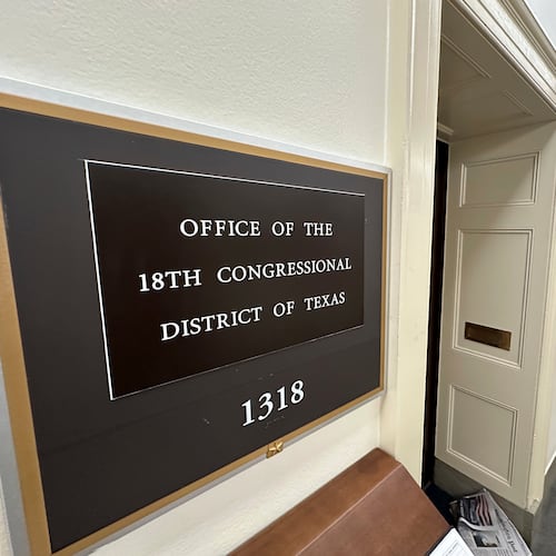 A Texas flag is on display outside the office of the state's 18th Congressional District, which has a seat that became vacant March 5, 2025, following the death of Democratic Rep. Sylvester Turner, in Washington, Sept. 2, 2025. The (AP Photo/Robert Yoon)