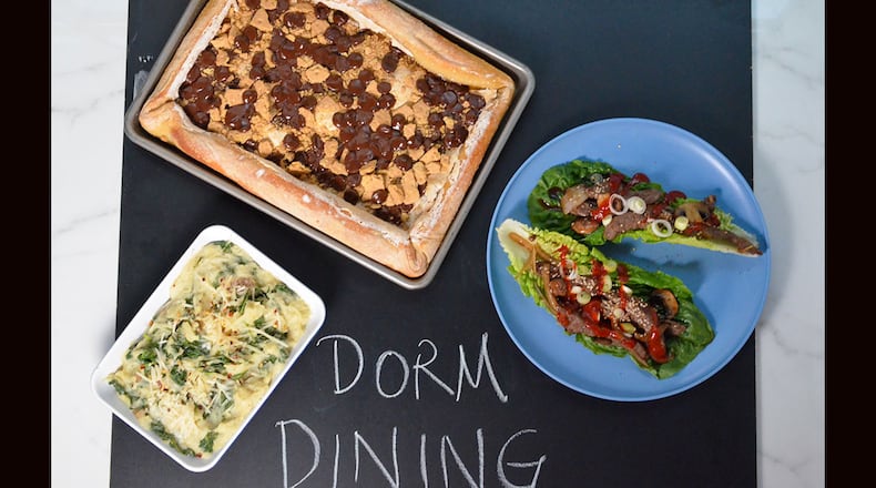 Cheesy Potato Kale Smash, S'mores Pizza and Bulgogi Lettuce Wraps are simple and delicious recipes that can be prepared in residence hall communal kitchens. (Virginia Willis for The Atlanta Journal-Constitution)