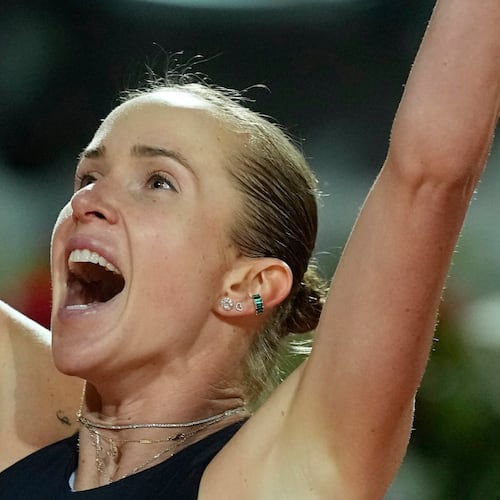 Ukraine's Elina Svitolina celebrates after winning against United States' Coco Gauff at the end of the women's final match at the Italian Open tennis tournament in Rome, Saturday, May 16, 2026. (AP Photo/Alessandra Tarantino)