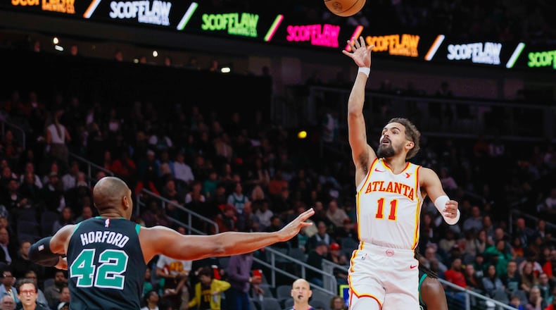Atlanta Hawks guard Trae Young (11) goes up for a basket during the first half against Washington Boston Celtics Farm Arena on Monday, Nov. 4, 2024, in Atlanta.
(Miguel Martinez/ AJC)