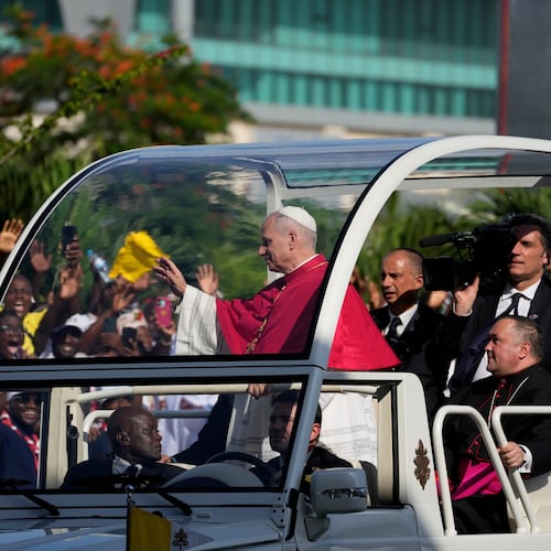 Pope Leo XIV waves after arriving in Luanda, Angola, Saturday, April 18, 2026 on the sixth day of his 11-day pastoral visit to Africa. (AP Photo/Themba Hadebe)