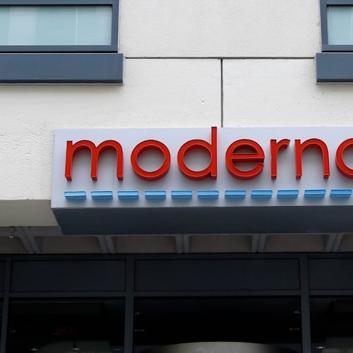 FILE - A sign marks an entrance to a Moderna building in Cambridge, Mass., May 18, 2020. (AP Photo/Bill Sikes, File)prnto