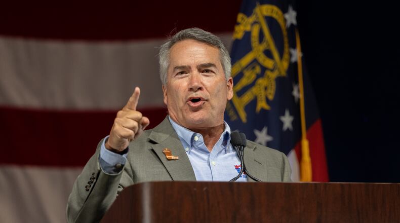 Congressman, and candidate for Georgia secretary of state, Jody Hice speaks at the Georgia GOP convention at Jekyll Island on Saturday, June 5, 2021. (Nathan Posner for The Atlanta-Journal-Constitution)