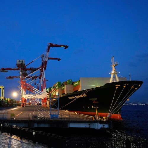 FILE - A container ship is docked at a cargo terminal in Tokyo, April 9, 2025. (AP Photo/Hiro Komae, File)