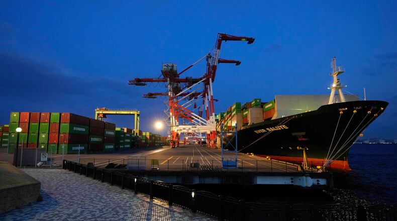 FILE - A container ship is docked at a cargo terminal in Tokyo, April 9, 2025. (AP Photo/Hiro Komae, File)