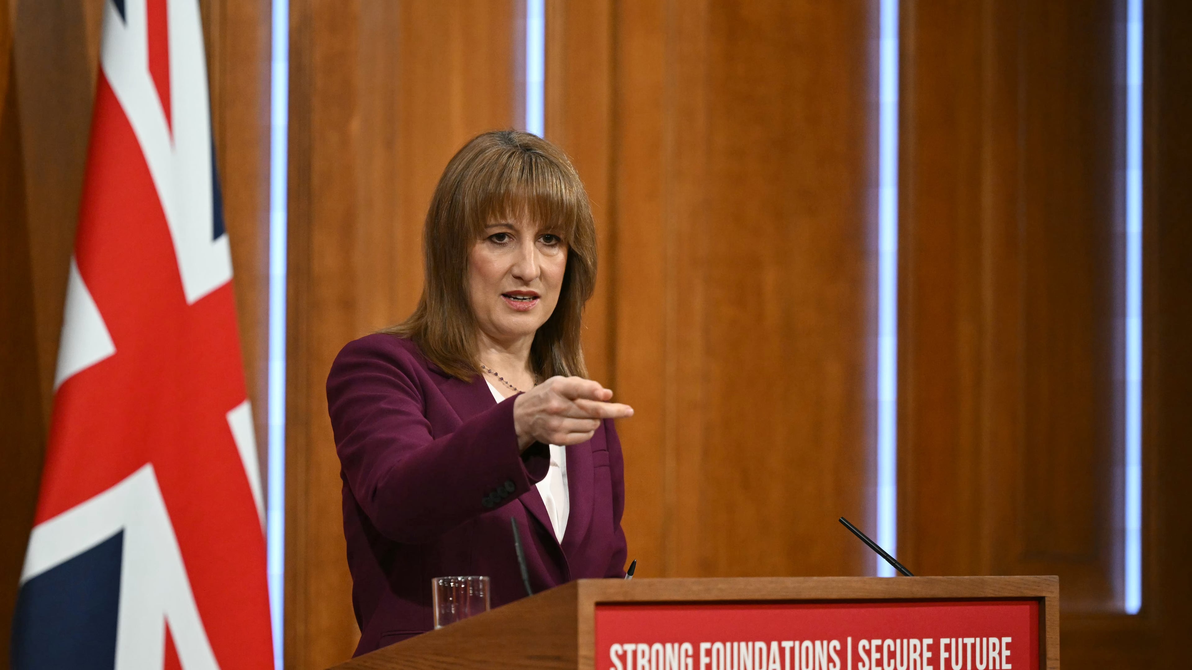 Britain's Chancellor of the Exchequer Rachel Reeves takes journalists' questions after delivering a speech in the media briefing room of 9 Downing Street, London, Tuesday Nov. 4, 2025. (Justin Tallis/Pool Photo via AP)