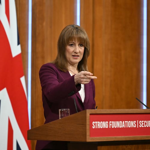 Britain's Chancellor of the Exchequer Rachel Reeves takes journalists' questions after delivering a speech in the media briefing room of 9 Downing Street, London, Tuesday Nov. 4, 2025. (Justin Tallis/Pool Photo via AP)